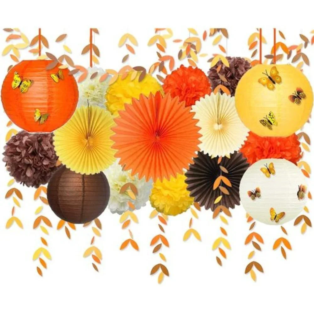 Pom Pom with 3D Butterfly Autumn Leaves Garland for Thanksgiving Party Supplies